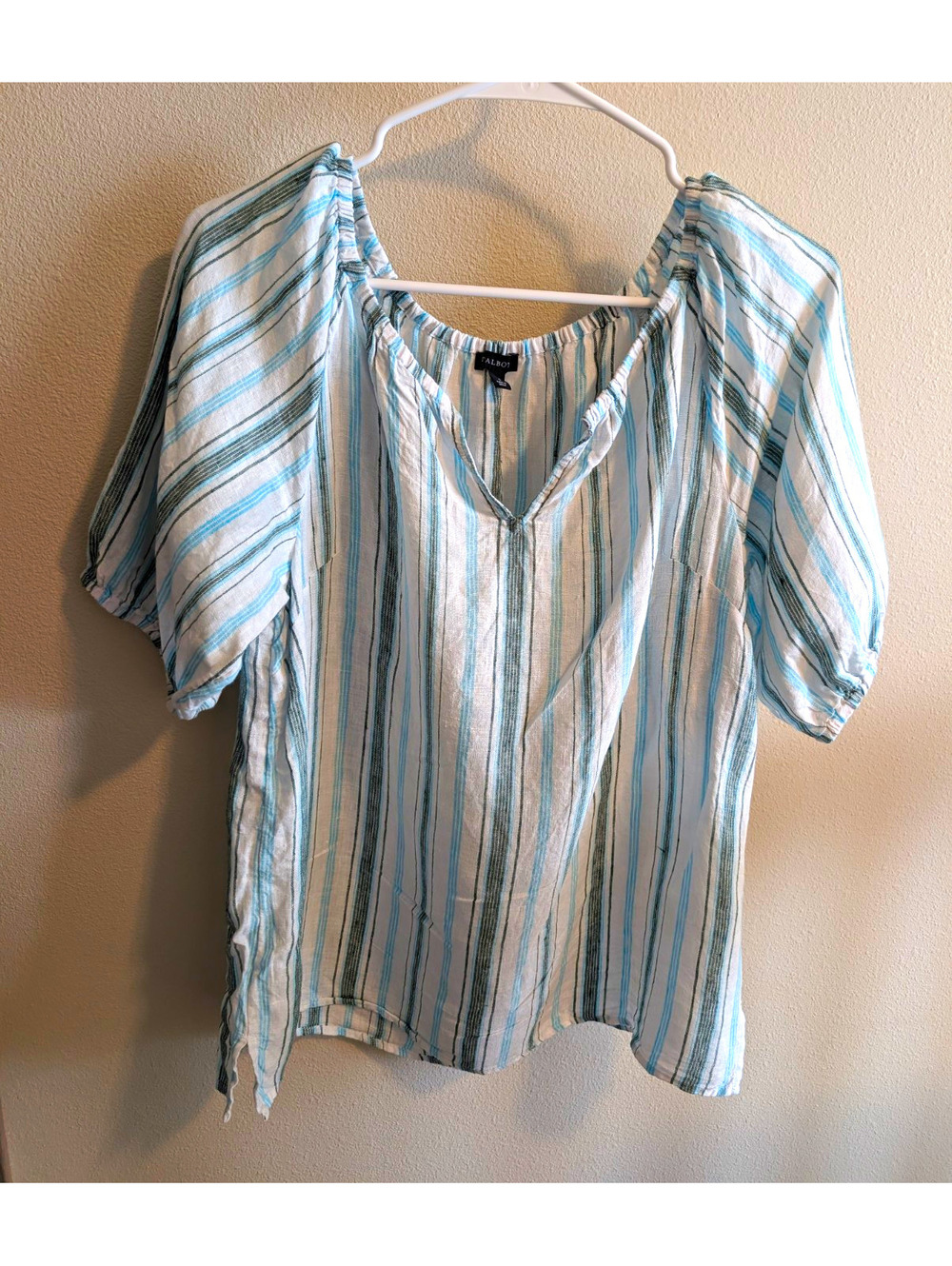 Talbot Women's Blue White Striped V-Neck 3/4 Sleeve Blouse Lightweight Coastal